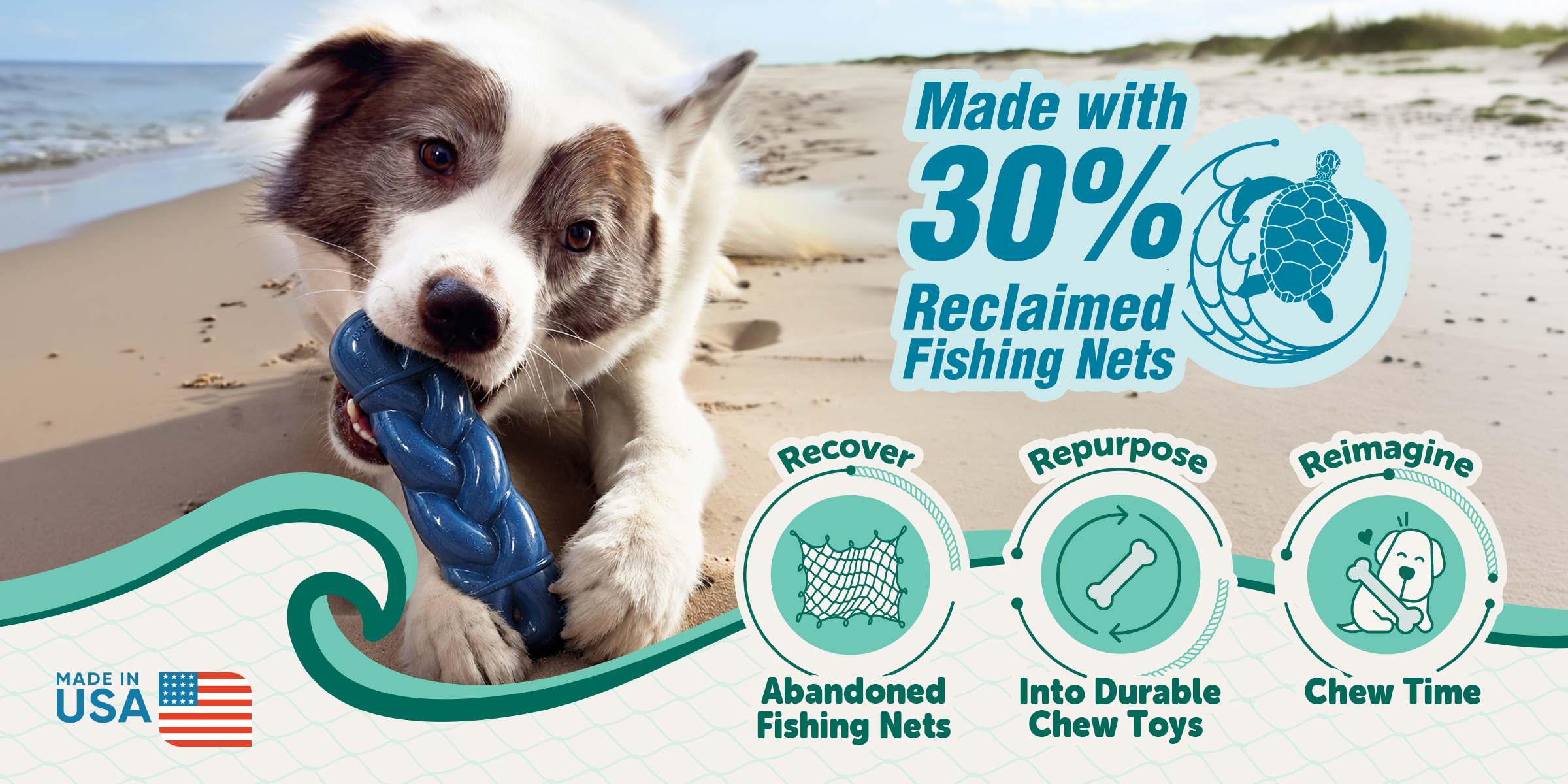 Nylabone Love Our Oceans chew toys made with reclaimed fishing nets