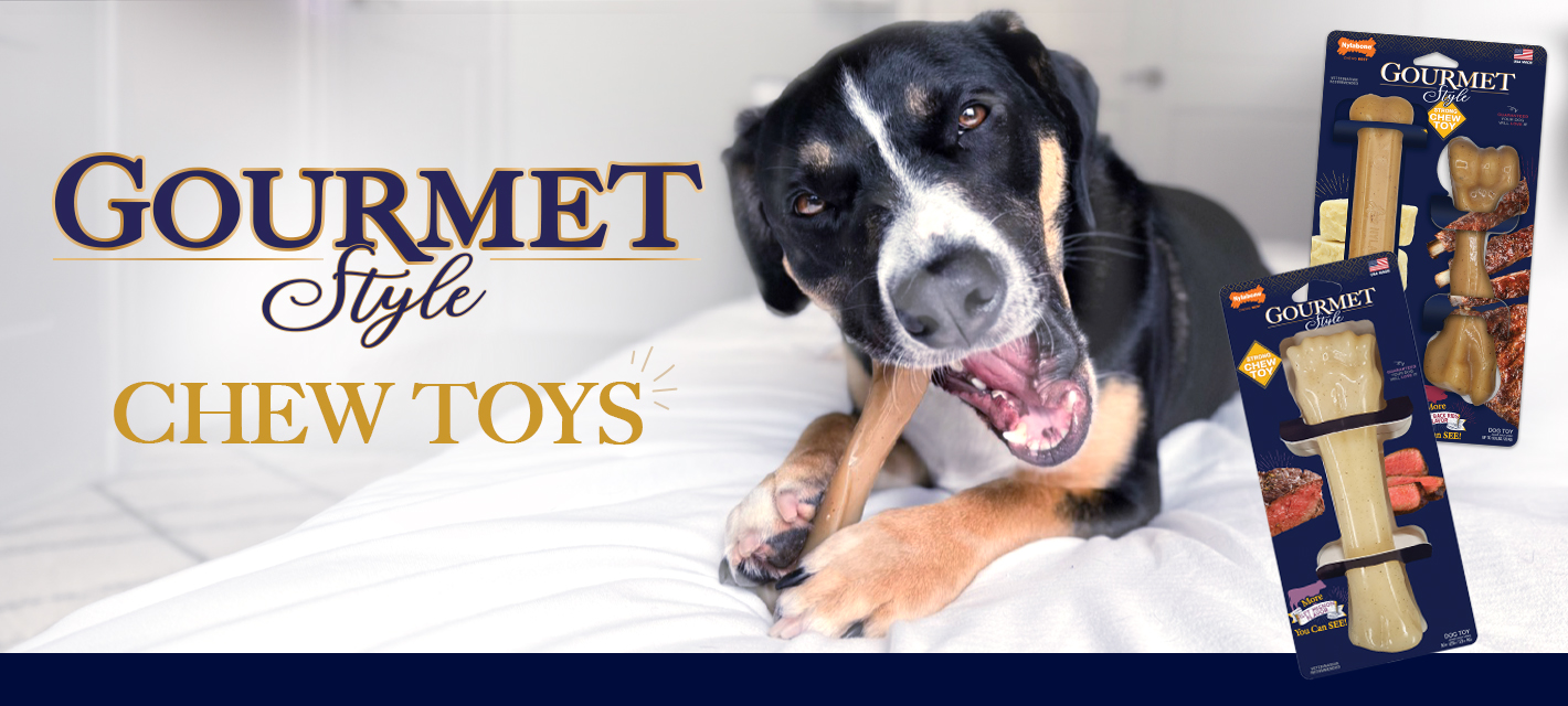 Gourmet Style Chew Toys header graphic with dog chewing and packaged products