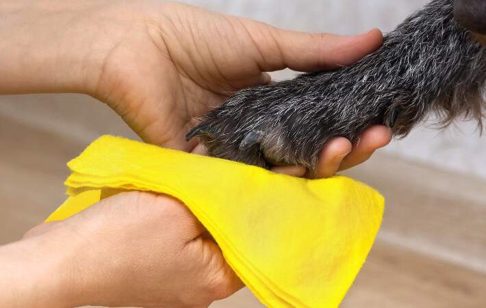 human-wiping-dog-paw