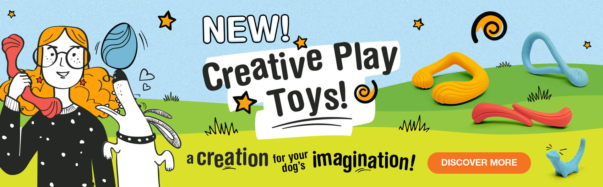 Creative Play Toys graphic depicting chew toys and illustrated woman and dog.