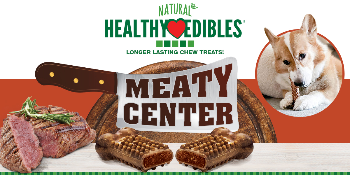Healthy Edibles Meaty Center hero graphic featuring steak and chew toys.