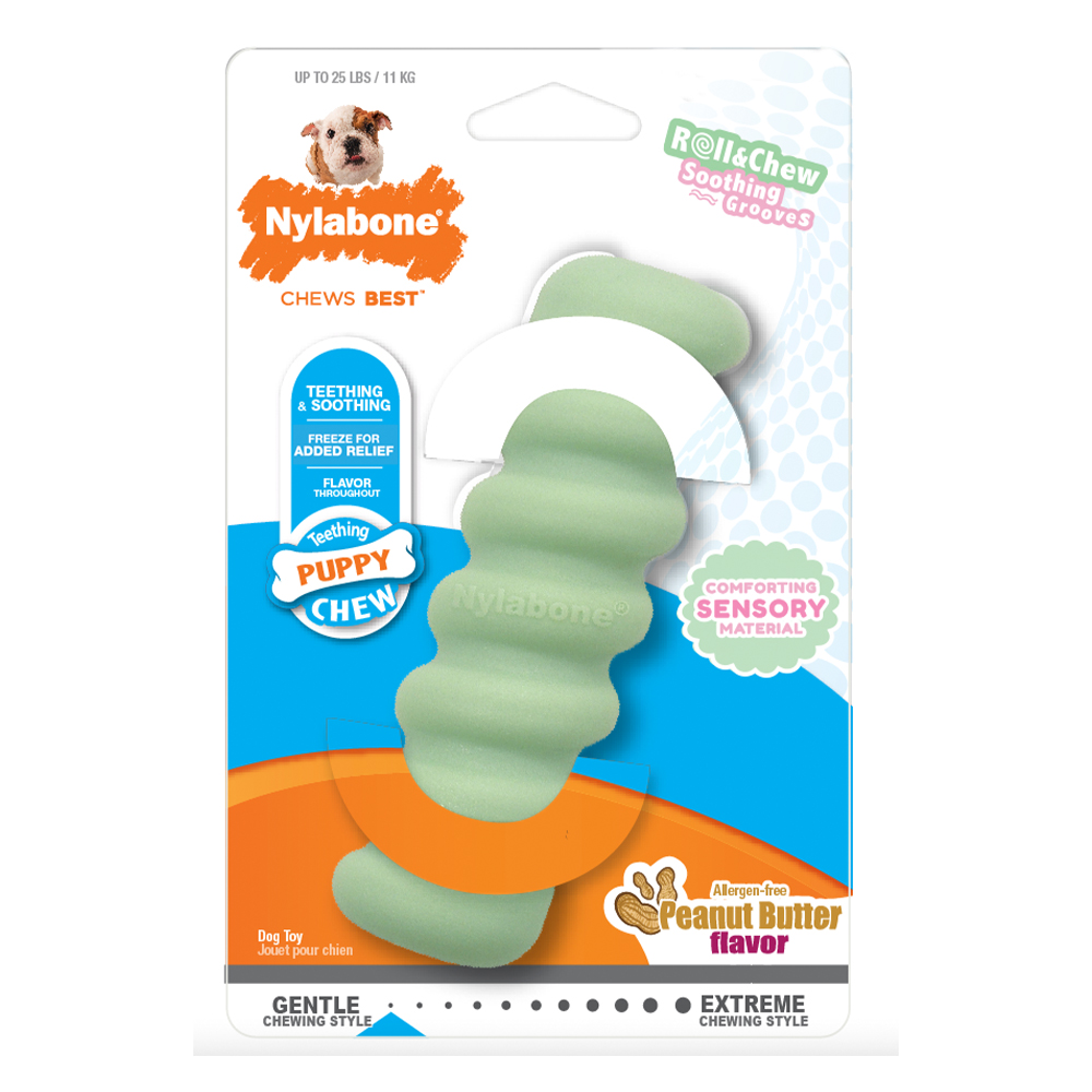 Puppy chew dog toy in peanut butter flavor.