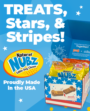Treats, Stars and Stripes Proudly Made in the USA Nubz red, white and blue dog treat packaging.