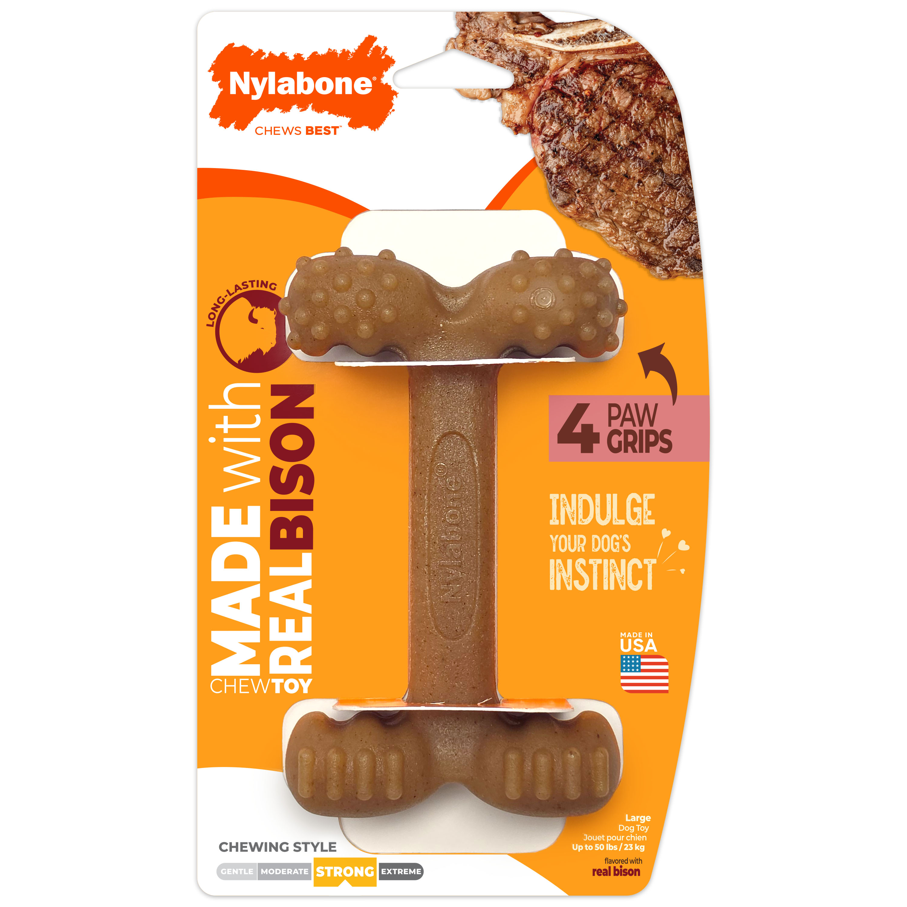 Nylabone Strong Chew Easy-Hold Bone chew toy made with real bison