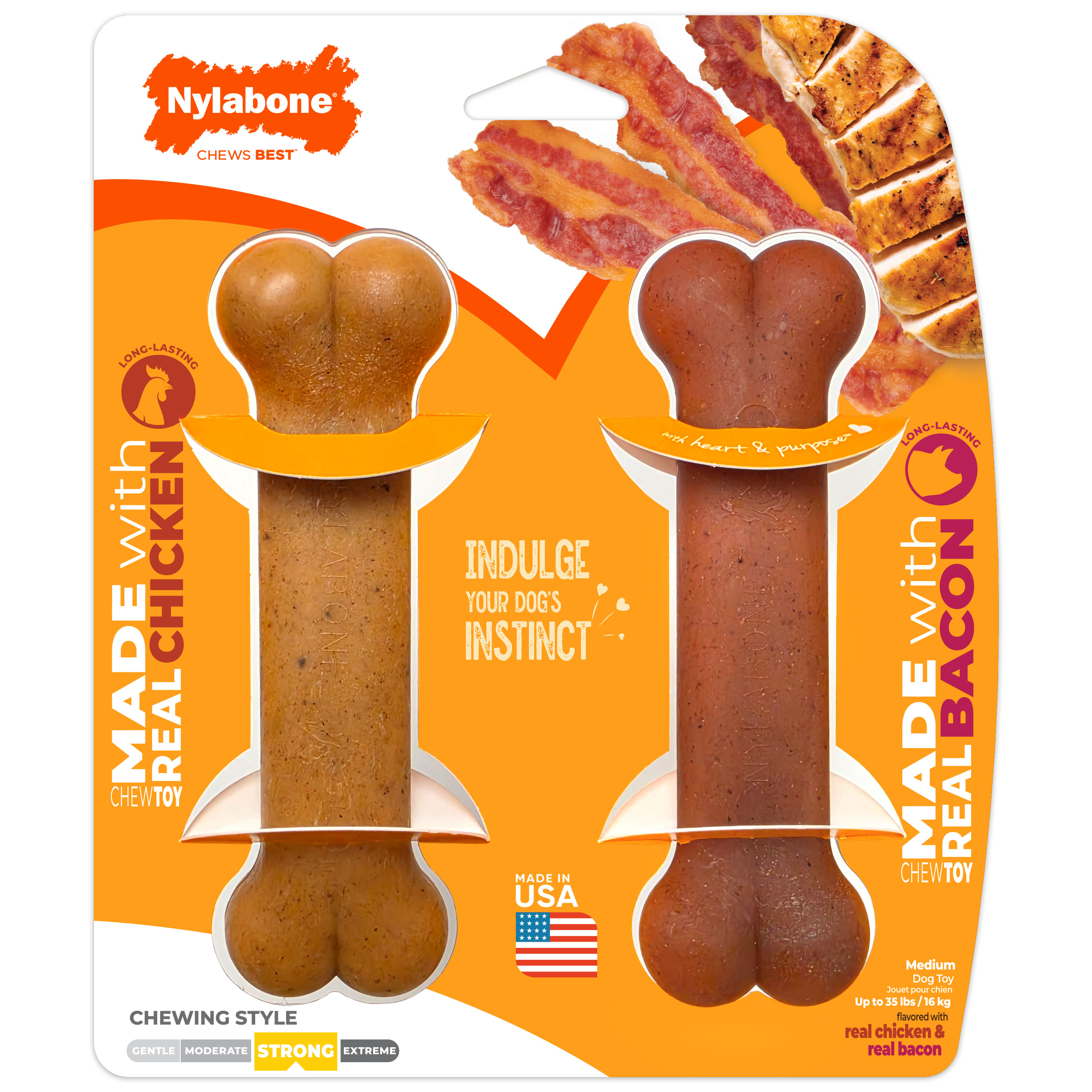 Nylabone Strong Chew Original Bone chew toys made with real bacon and chicken 