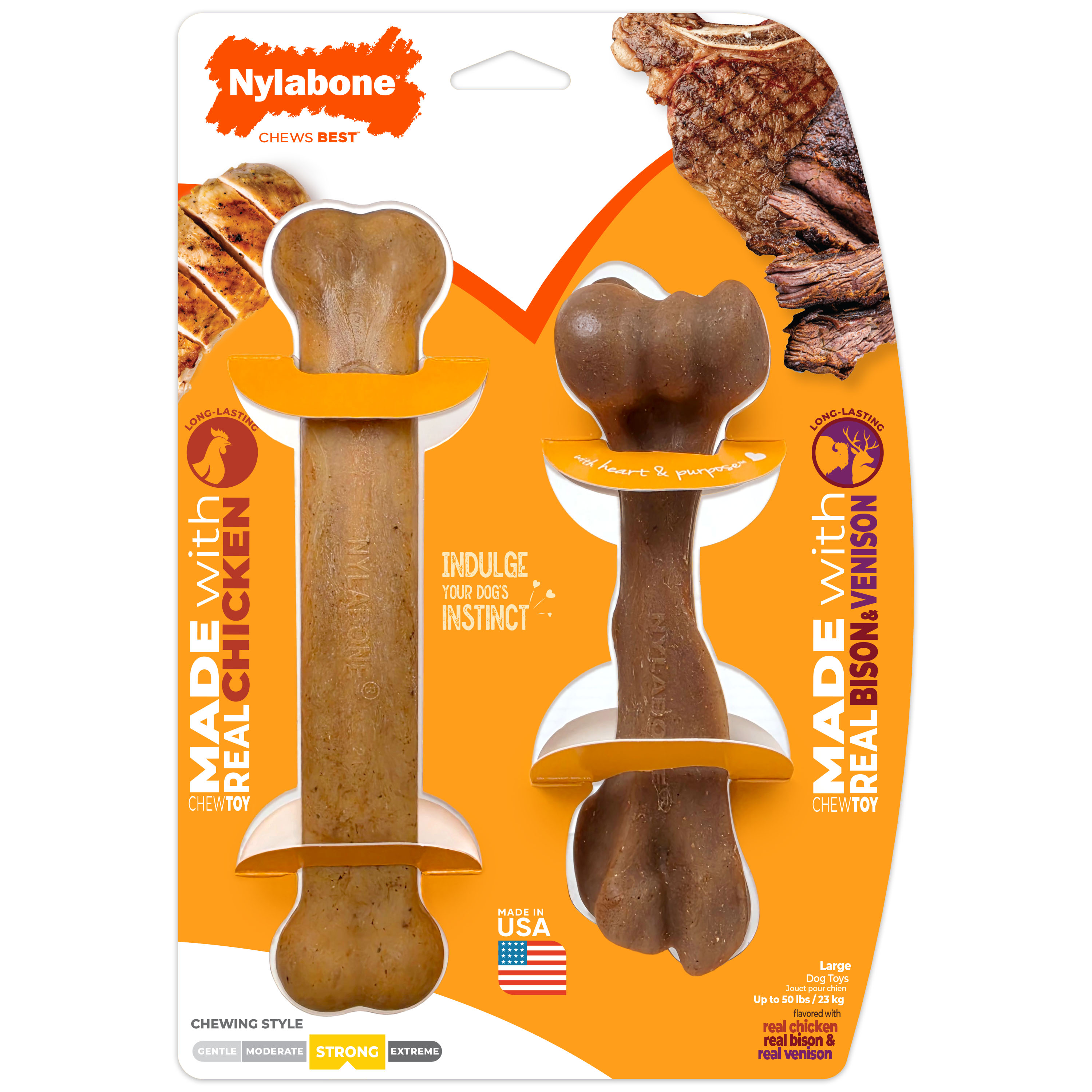 Nylabone Strong Chew Original Bone and Femur Bone chew toy made with real chicken, bison, and venison