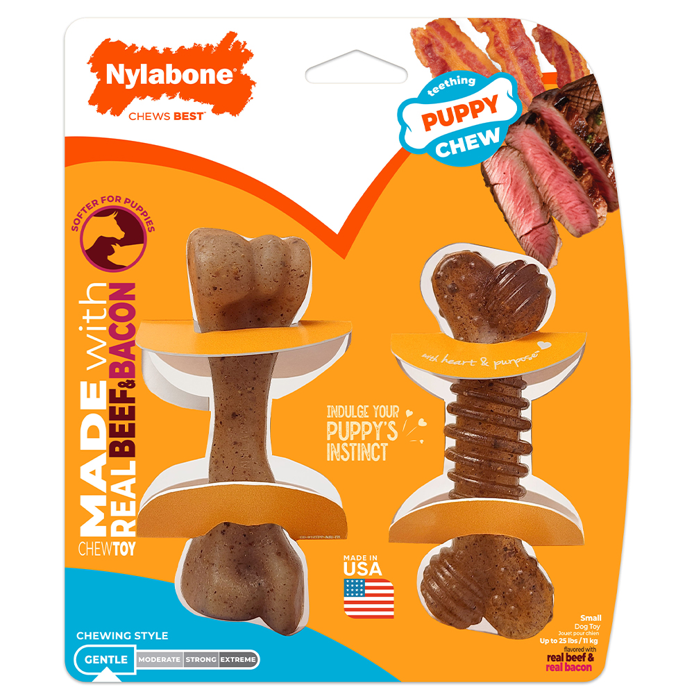 Puppy with Nylabone Puppy Chew Femur Bone & Groove Bone chew toys made with real beef and bacon
