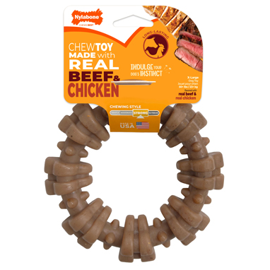 strong chew textured ring chew toy made with real beef and chicken