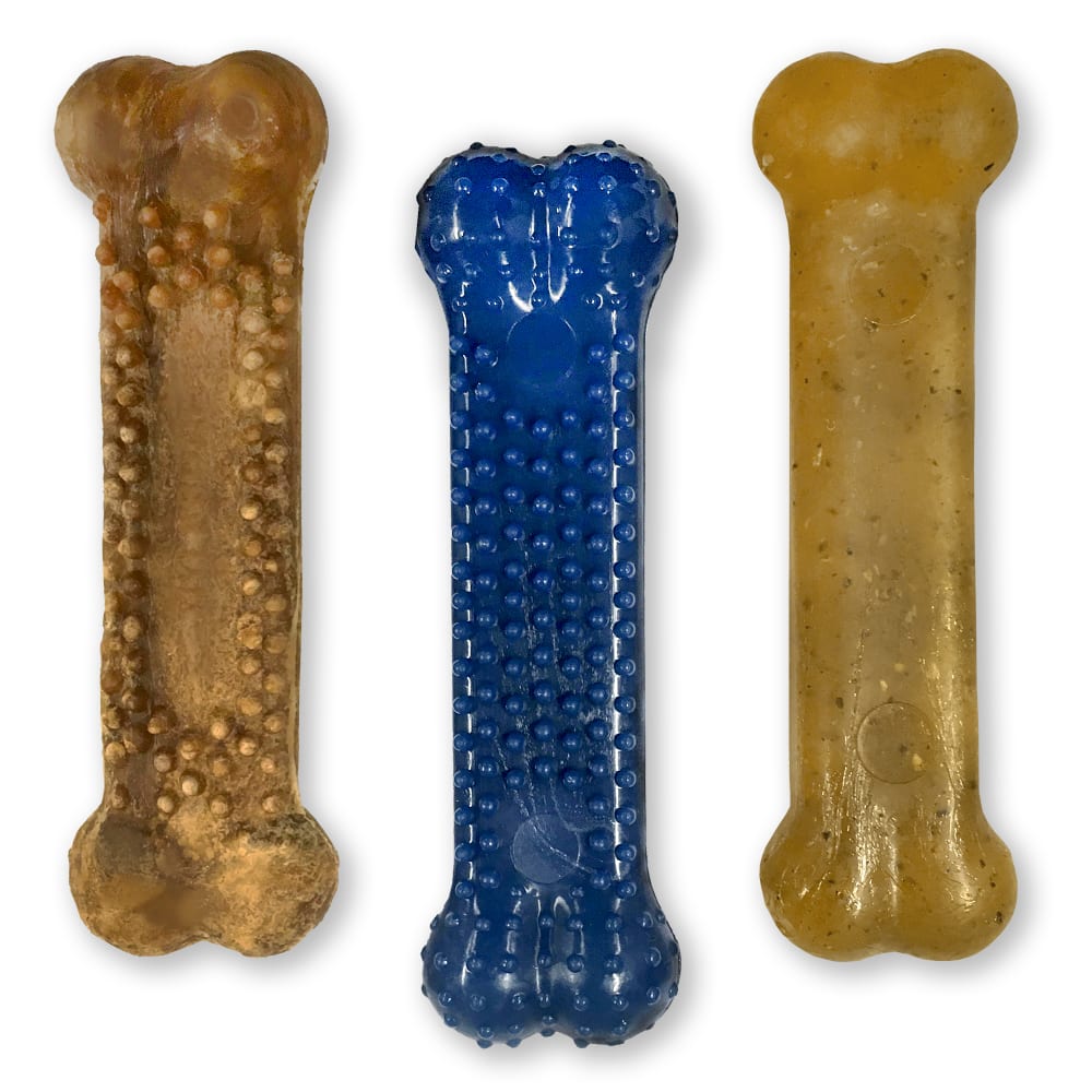 Close up view of three chew toy types included in the pack.