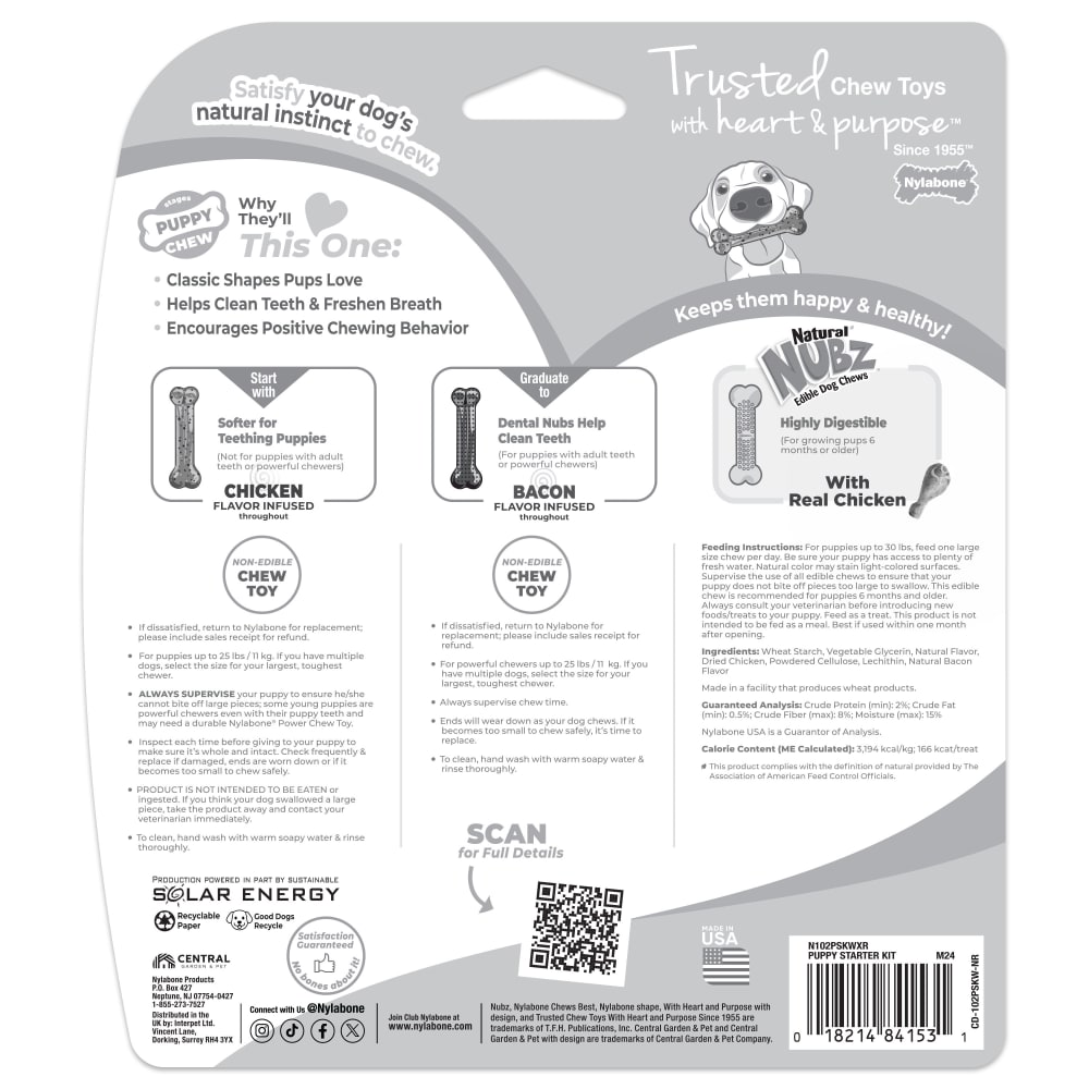 Back view of Nylabone Puppy Starter Kit in packaging