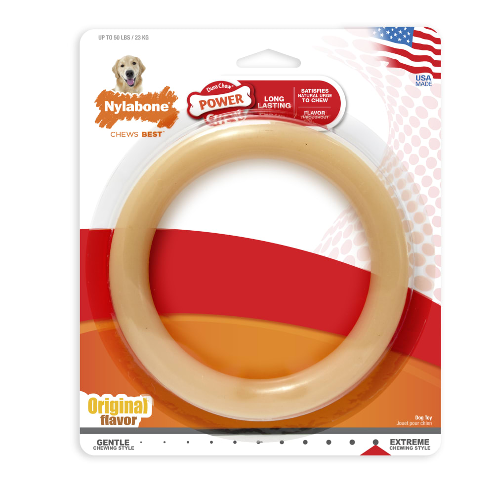 Front view of Nylabone Original Ring Power Chew Dog Toy In Packaging Front Hero in packaging
