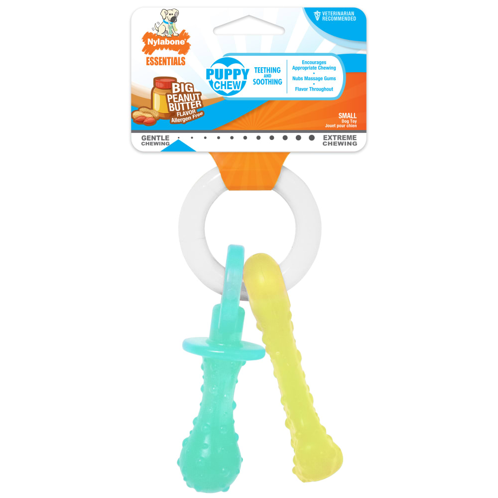 Front view of Nylabone Puppy Chew Teething Pacifier in packaging