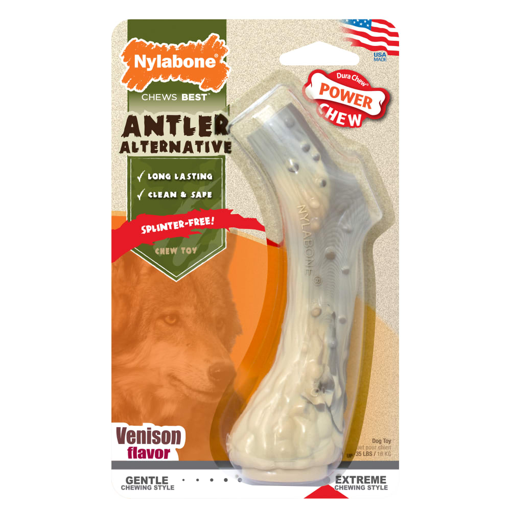 Front view of Nylabone Venison Antler Alternative Power Chew Dog Toy In Packaging Front Hero in packaging