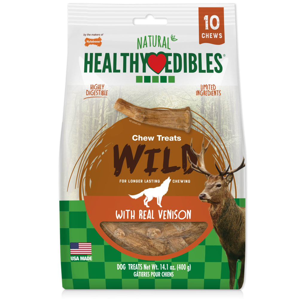 Front view of Nylabone Healthy Edibles Wild Venison Antler 10ct Medium Pouch in packaging