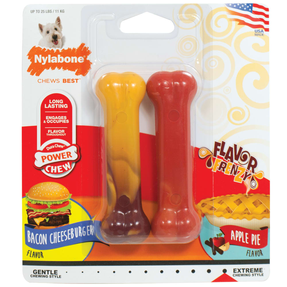Bacon cheeseburger flavor chew toys in packaging.
