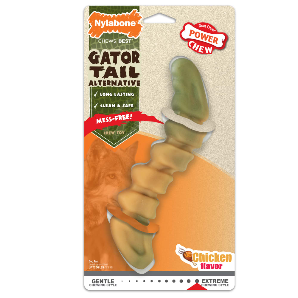 Nylabone Power Chew Alligator Tail Alternative Dog Chew Bacon In Packaging Front