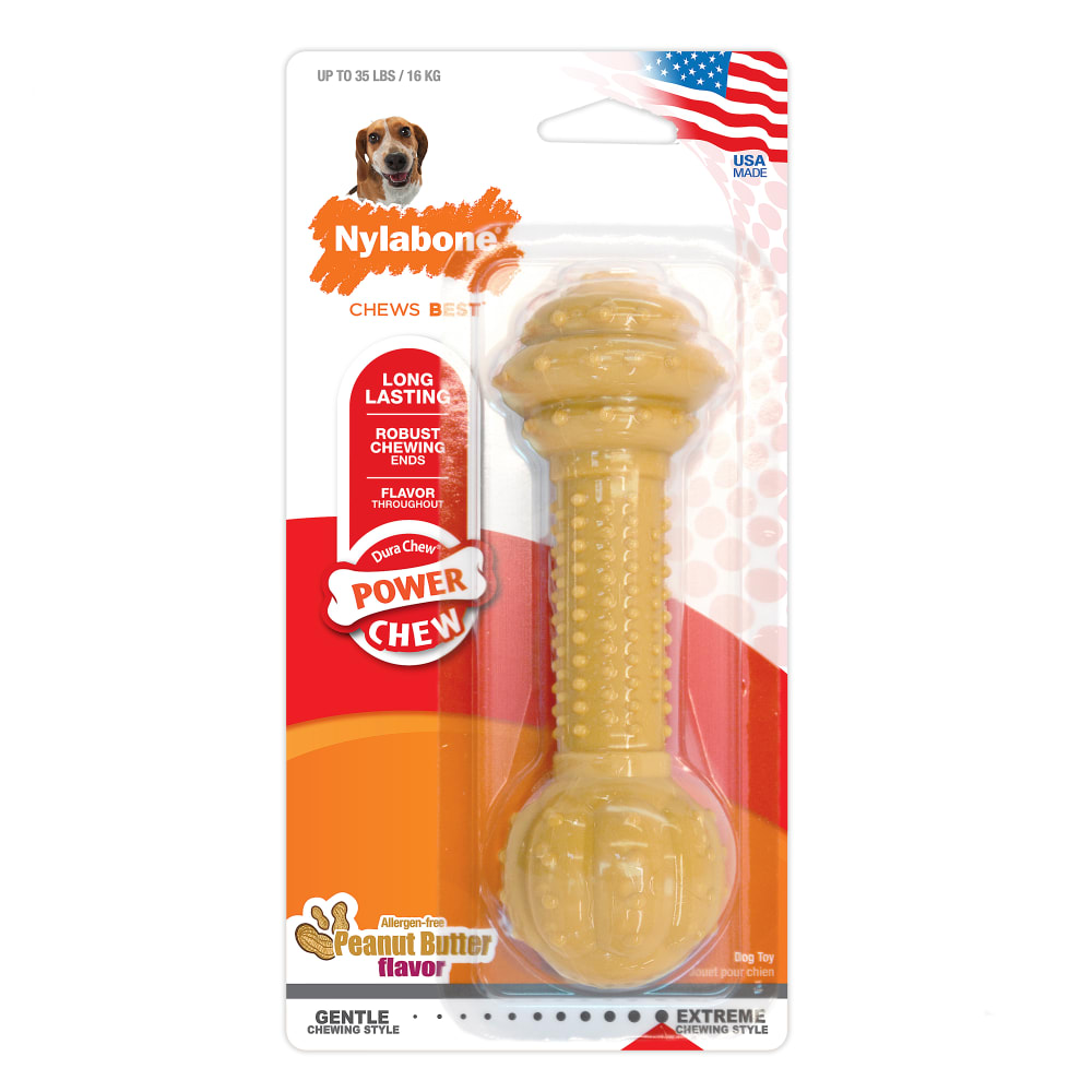 Front view of Nylabone Durachew Barbell Pb Flav M L Inpackagingfronthero in packaging