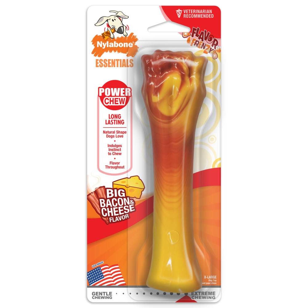 Front view of Nylabone Power Chew Swirl Bacon Cheese Bone in packaging