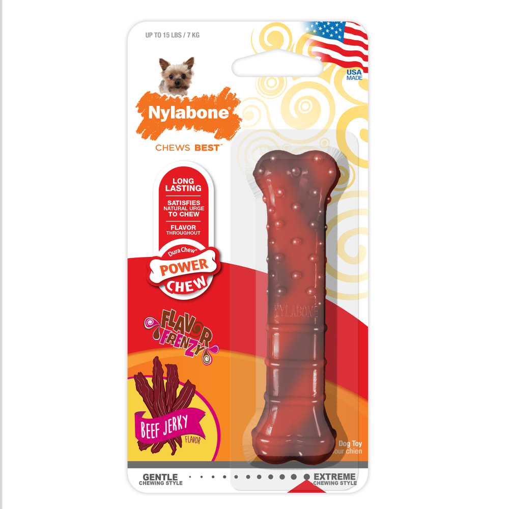 Front view of Nylabone Powerchewtexturedbeefjerkyflavor Petite Inpackage