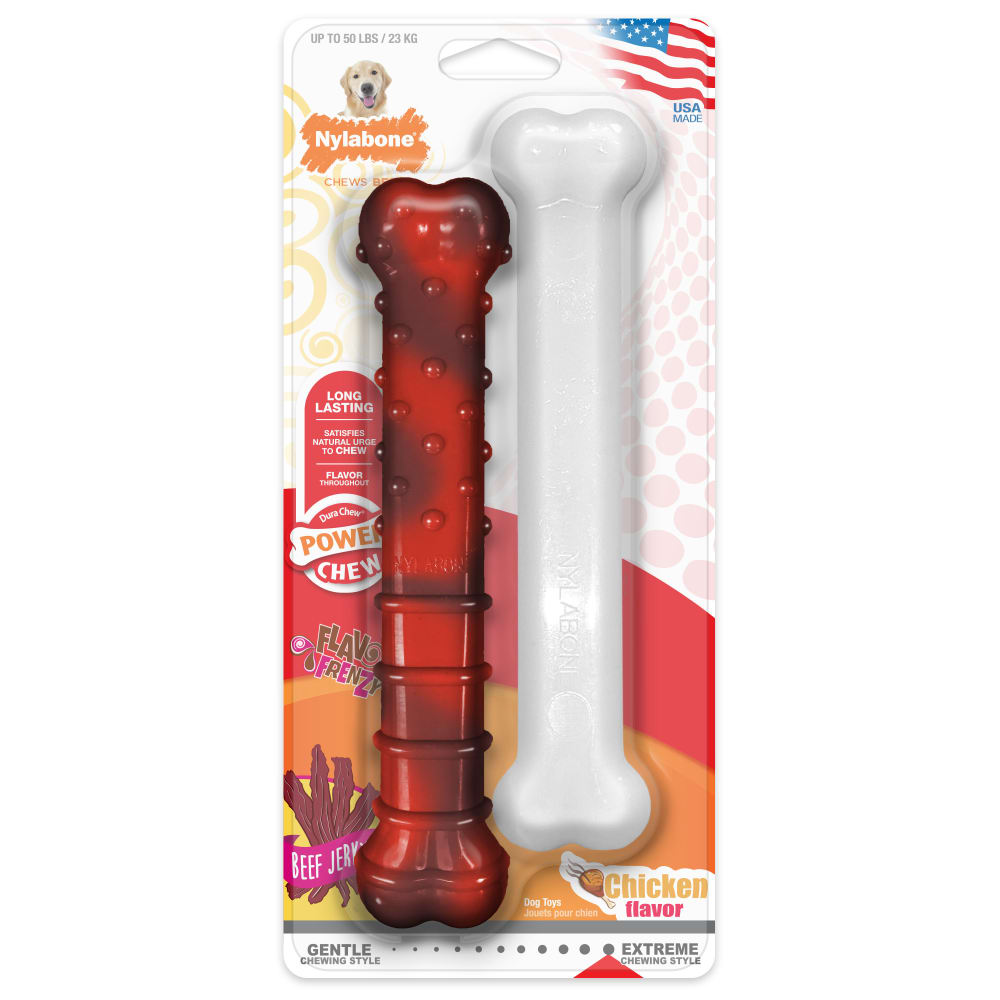Front view of Nylabone Power Chew Holiday Giant Twin Pack in packaging