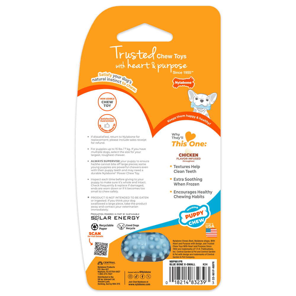 Back view of Nylabone Puppy Dental Chew Blue in packaging