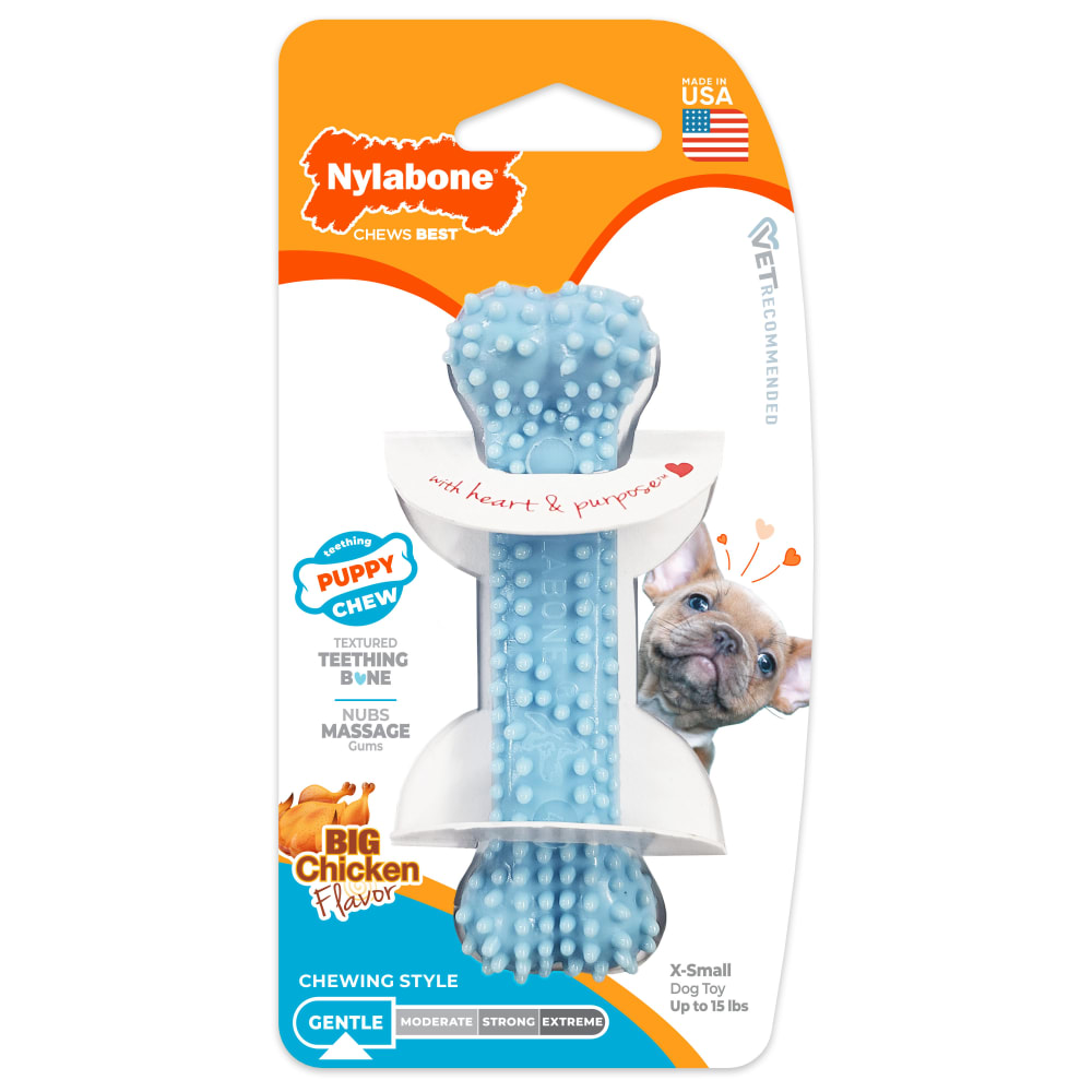 Front view of Nylabone Puppy Dental Chew Blue in packaging