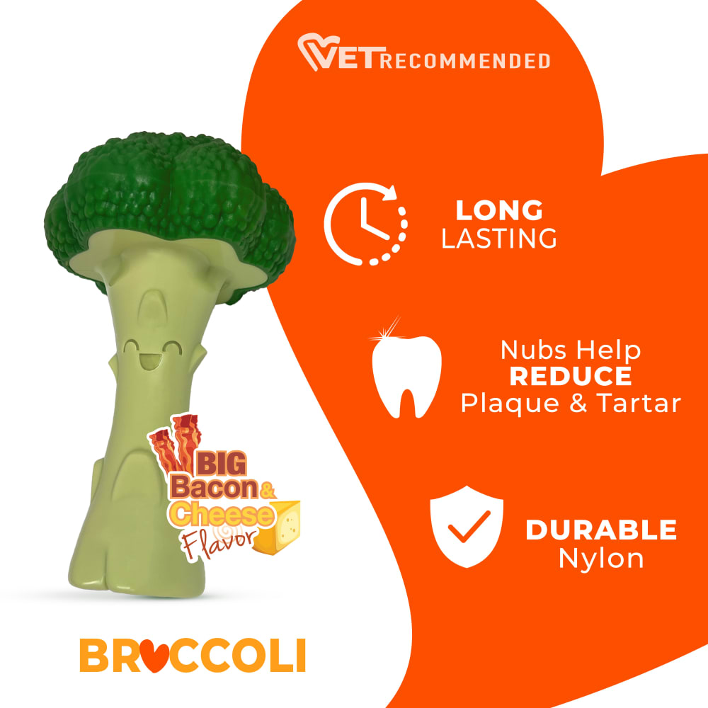 Vet recommended graphic for broccoli chew toy.