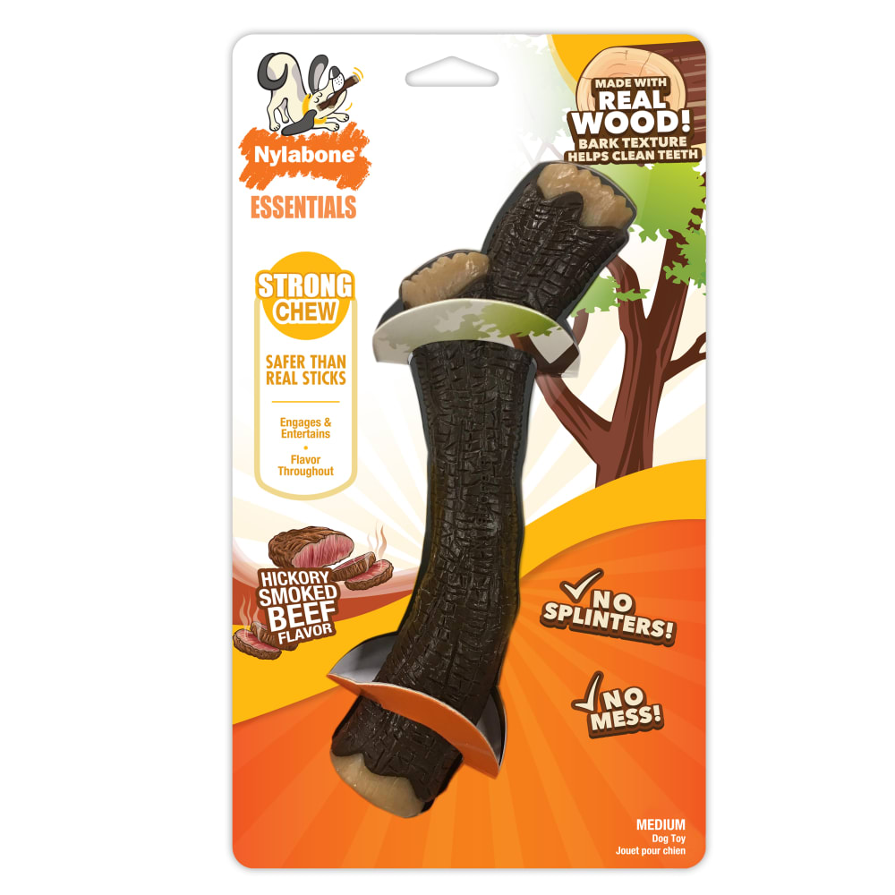Front view of Nylabone Real Wood Stick Strong Dog Stick Chew Toy in packaging