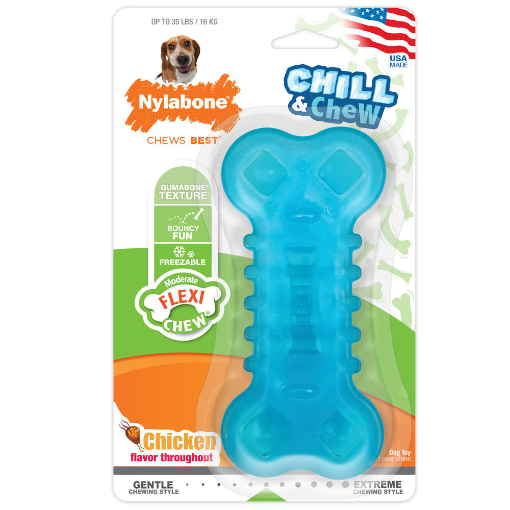 Front view of Nylabone Chill And Chew Treat Toy Wolf in packaging