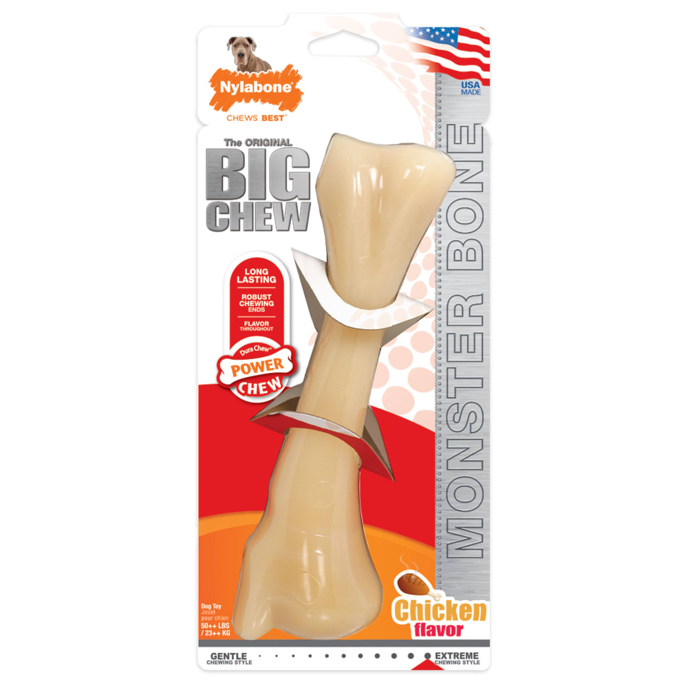 Front view of Nylabone Power Chew Monster Bone Chicken in packaging