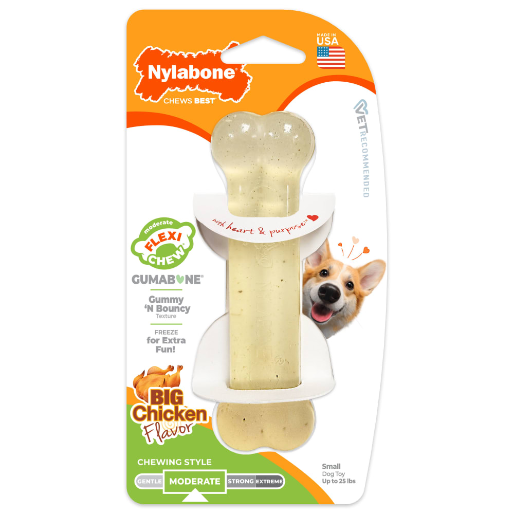 Front view of Nylabone Flexi Chicken Regular in packaging