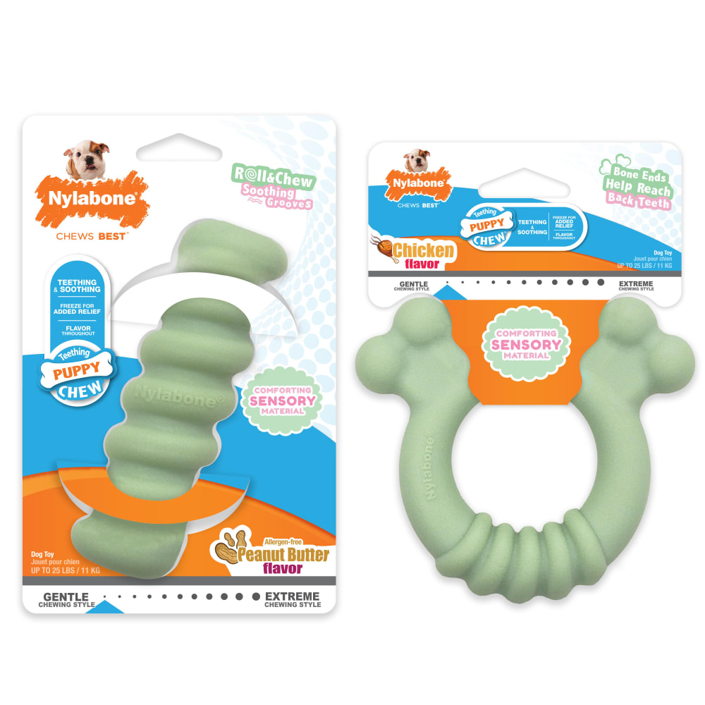 Front view of Nylabone Puppy Chew Tactile Bundle Ring And Stick in packaging
