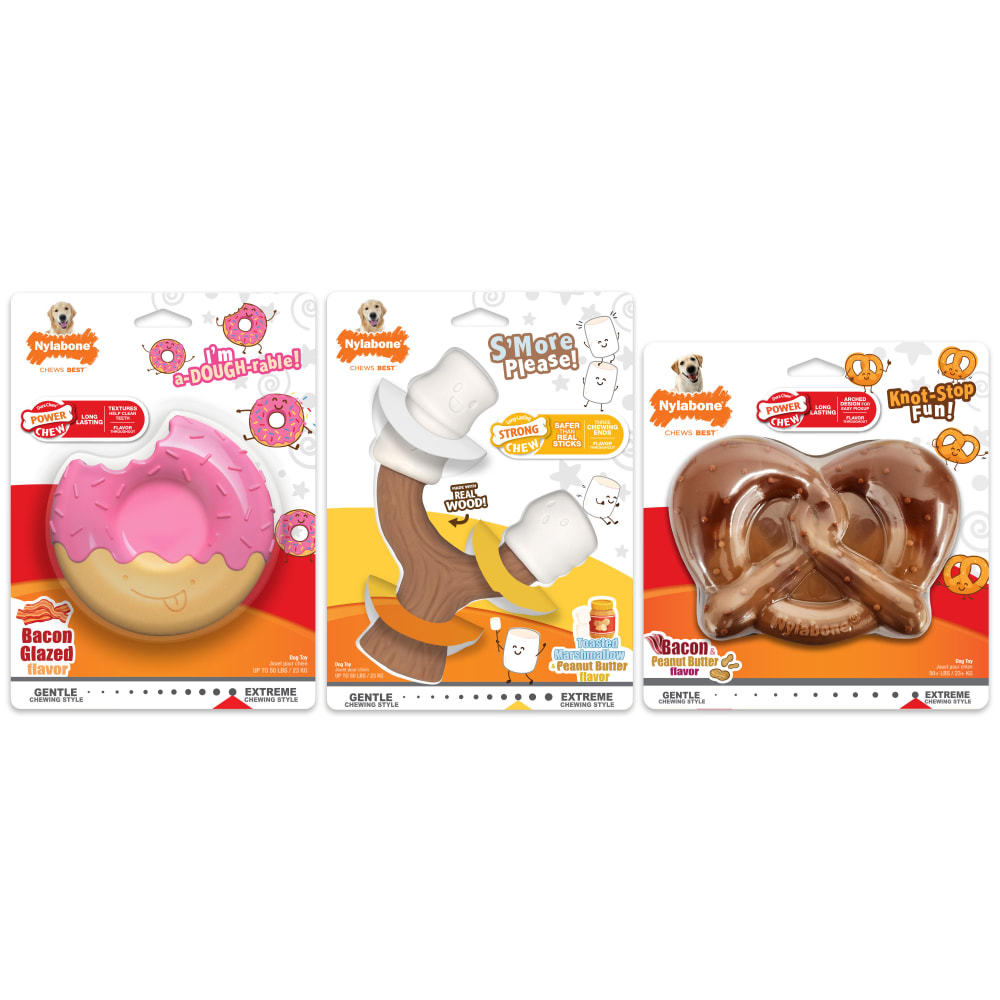 Front view of Nylabone Novelty Bundle Donut Marshmellow Pretzel in packaging
