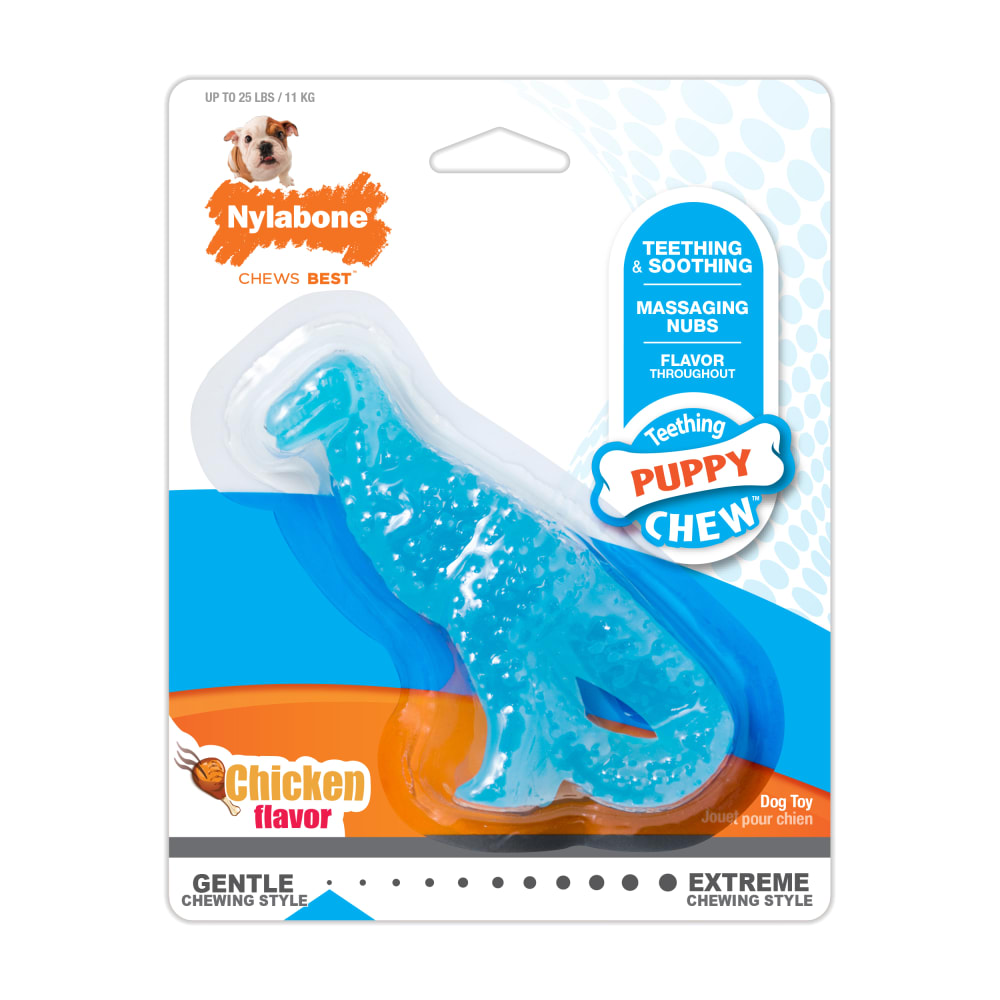 Front view of Nylabone Puppy Dino Small Inpackagingfronthero in packaging