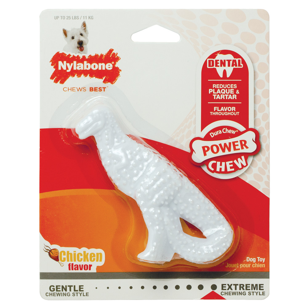 White dinosaur-shaped chew toy in packaging.