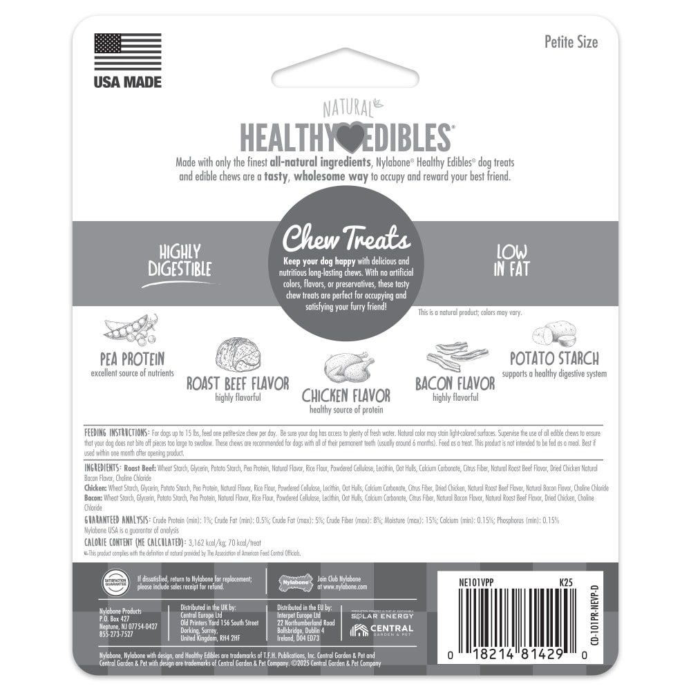 Nylabone Healthy Edibles Dog Treats – Roast Beef Flavor, Digestible Bones, Bulk Packs Available