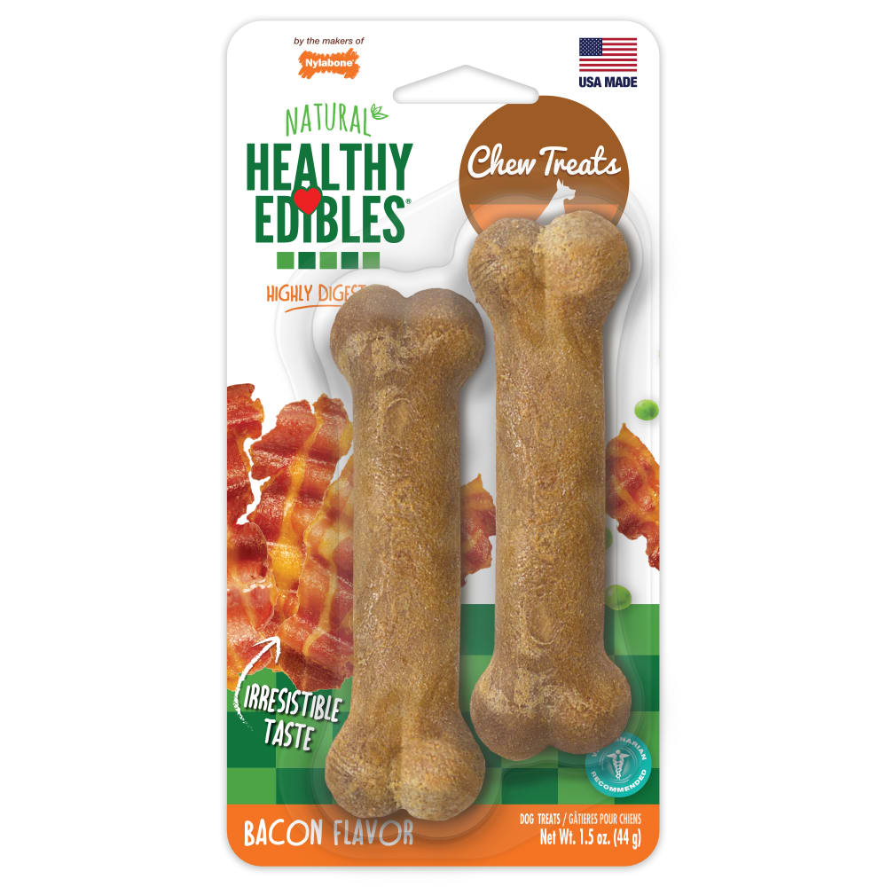 Front view of Nylabone Healthy Edibles Bacon 2ct Petite in packaging