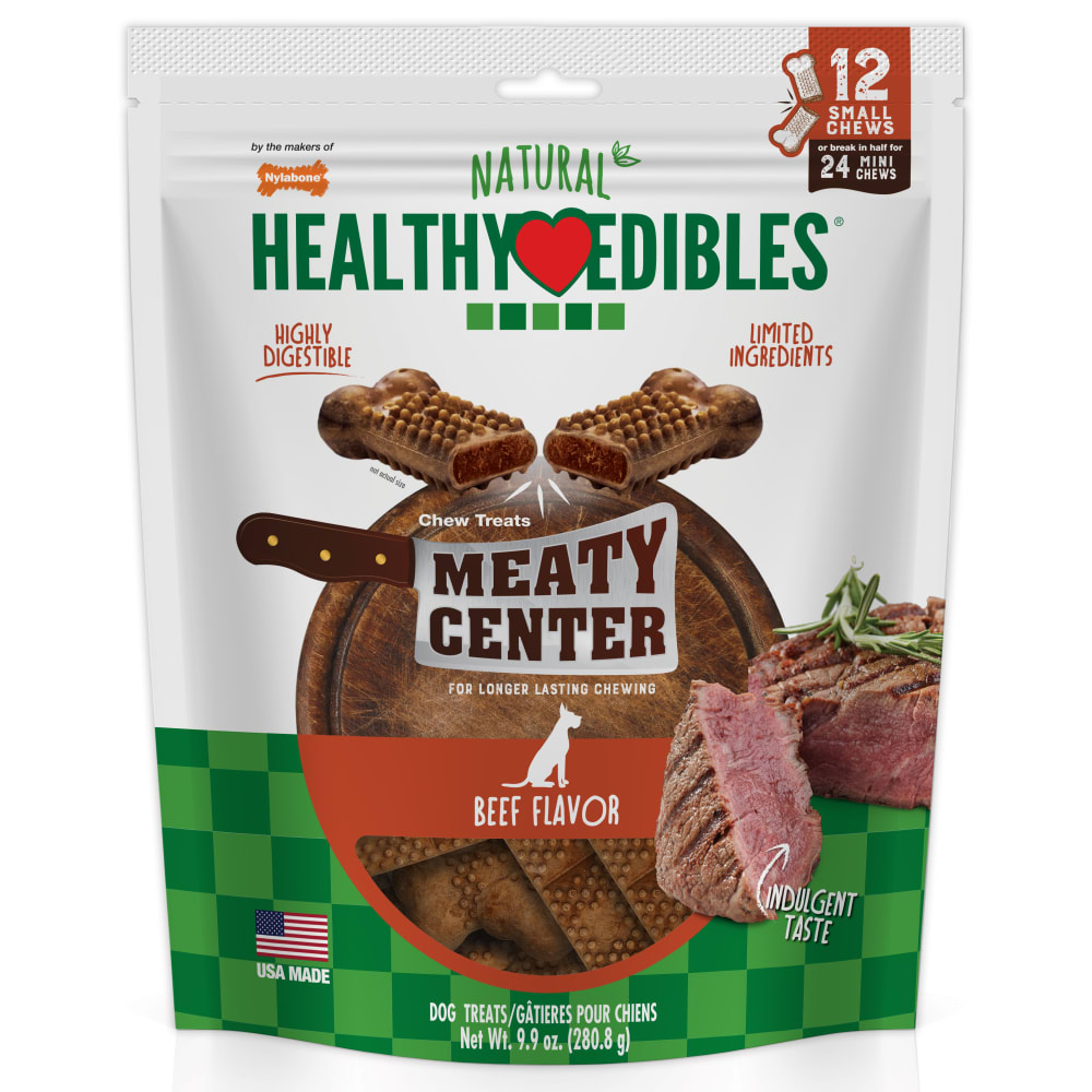 Front view of Nylabone Healthy Edibles Meaty Center 12ct Small Pouch in packaging