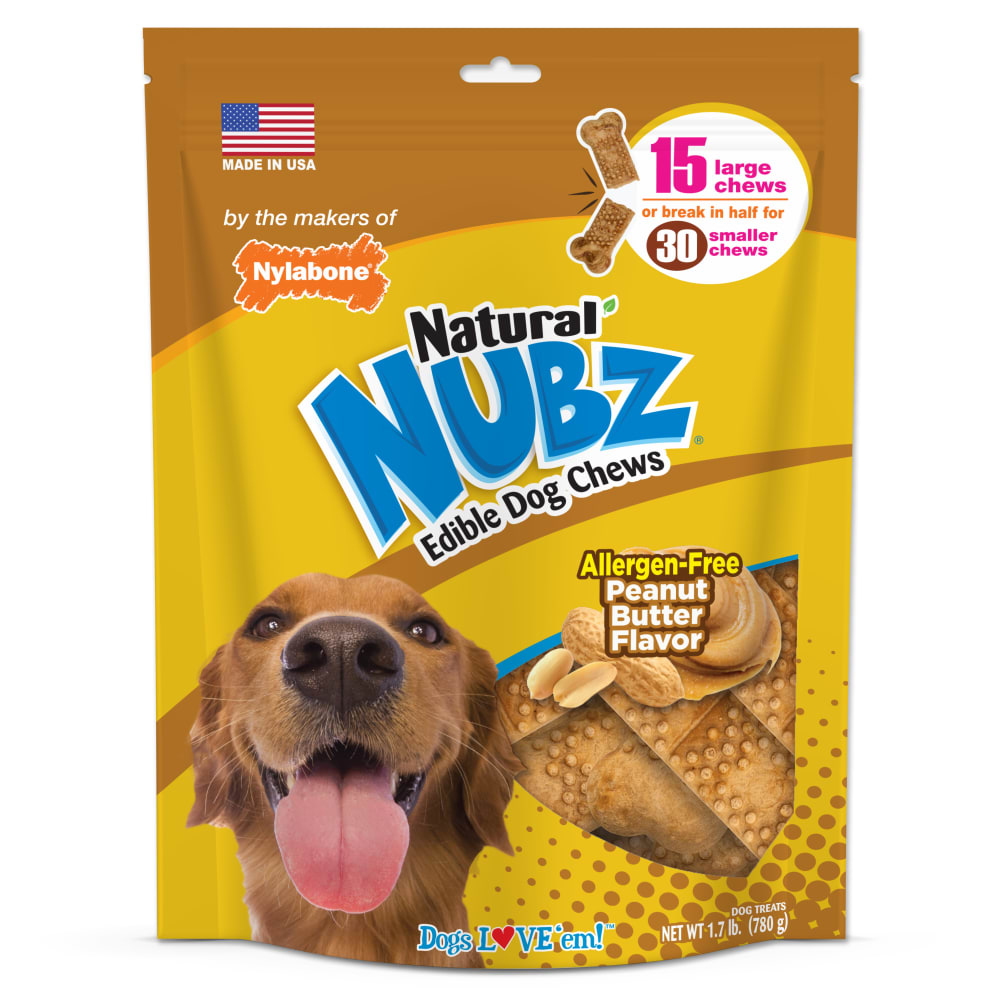 Front view of Nylabone Nubz Peanut Butter 15ct Large in packaging