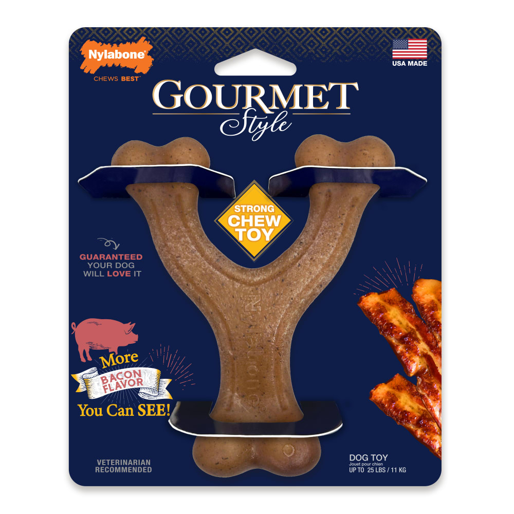 Front view of Nylabone Gourmet Style Small Bacon Wishbone Inpackagingfront Copy in packaging