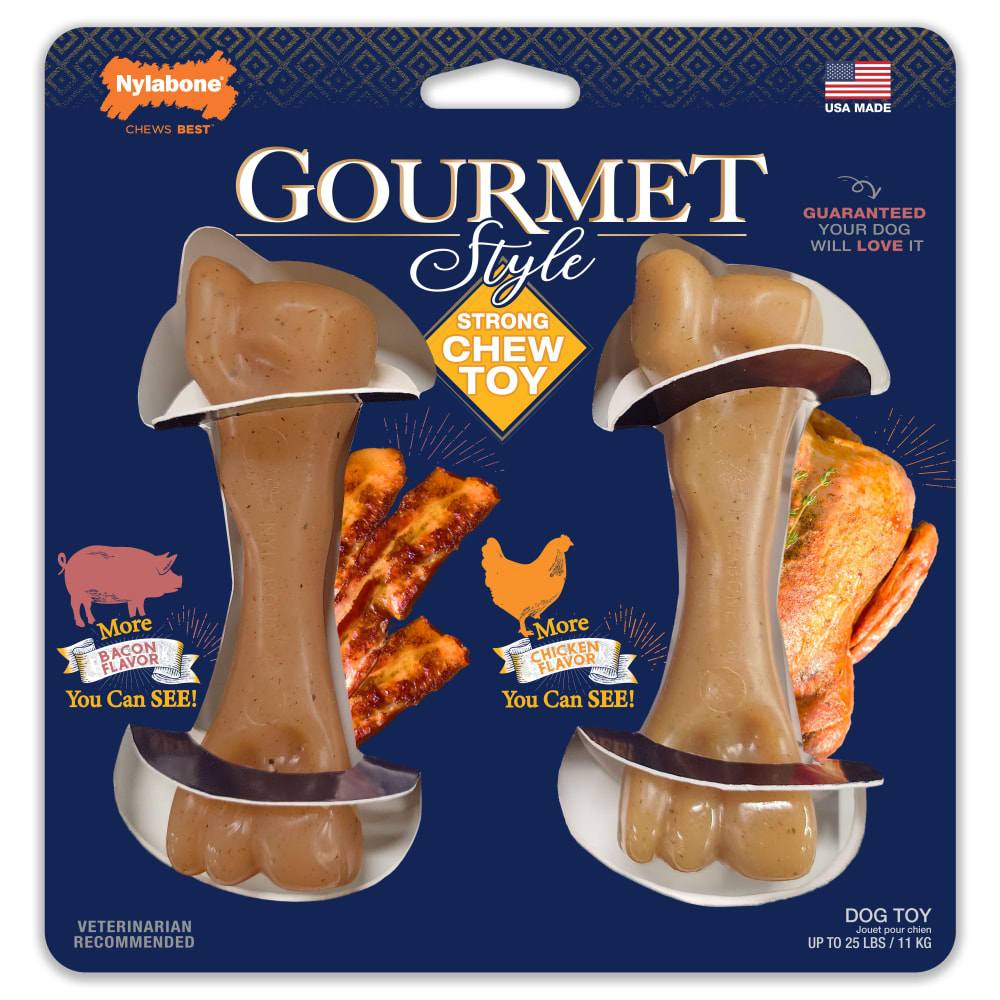 Front view of Nylabone Gourmet Femur Twin Pack in packaging