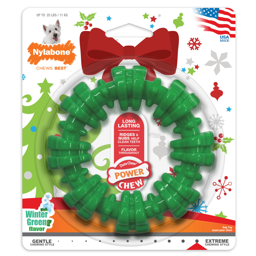 Front view of Nylabone Green Holiday Textured Ring Small in packaging