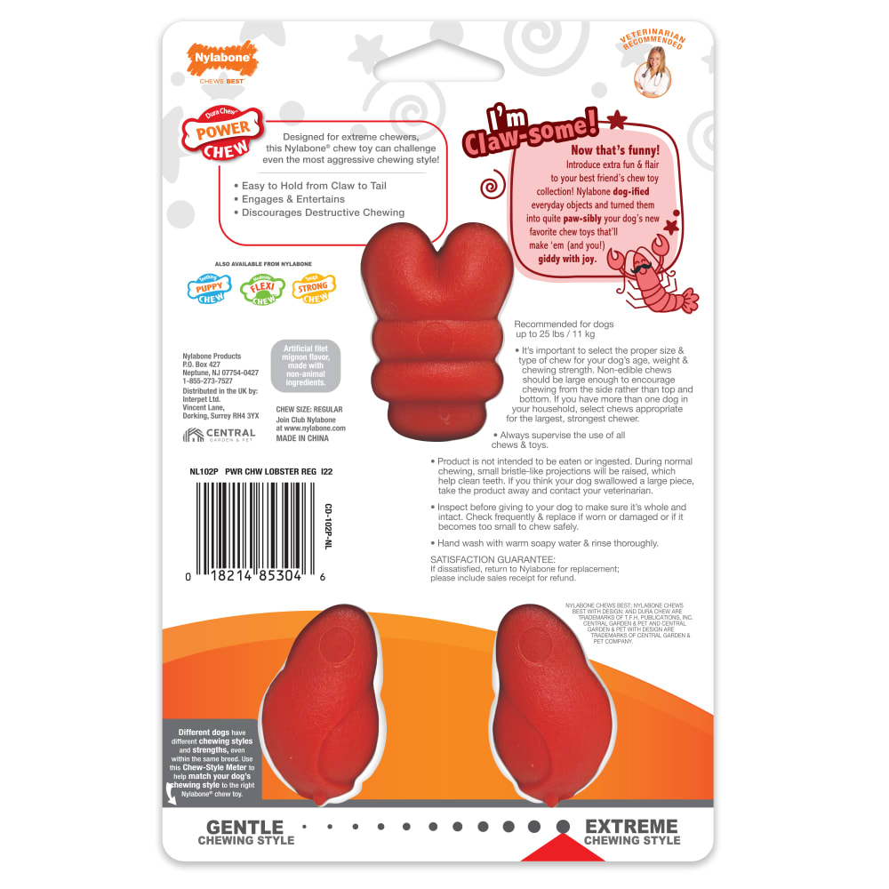 Power Chew Lobster dog toy back of package