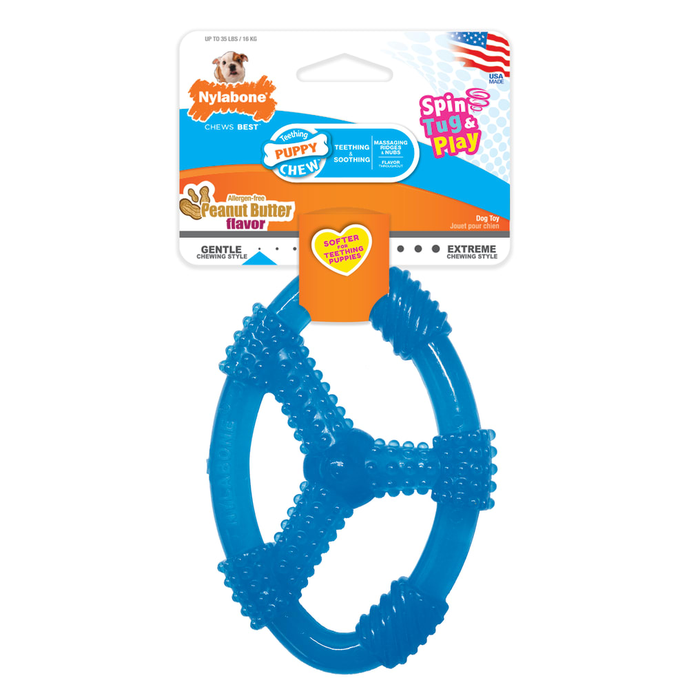 Front view of Nylabone Puppy Chew Ring in packaging