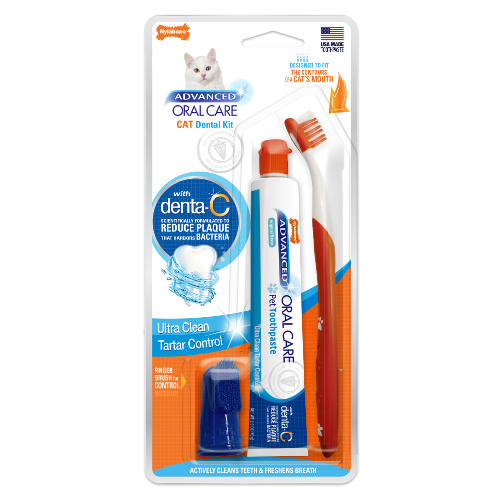 Front view of Nylabone Aoc Cat Dental Kit in packaging