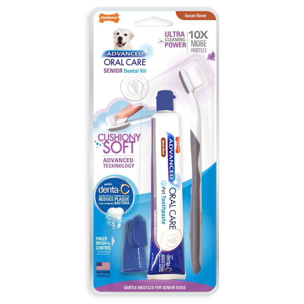Front view of Nylabone Aoc Senior Dental Kit With Soft Brush in packaging