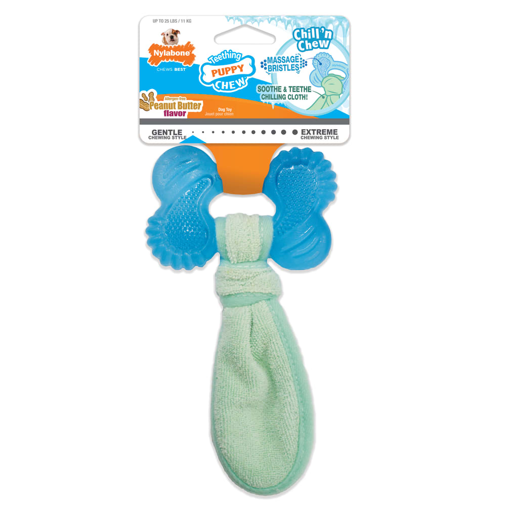 Front view of Nylabone Puppy Chew Freezer Bone in packaging