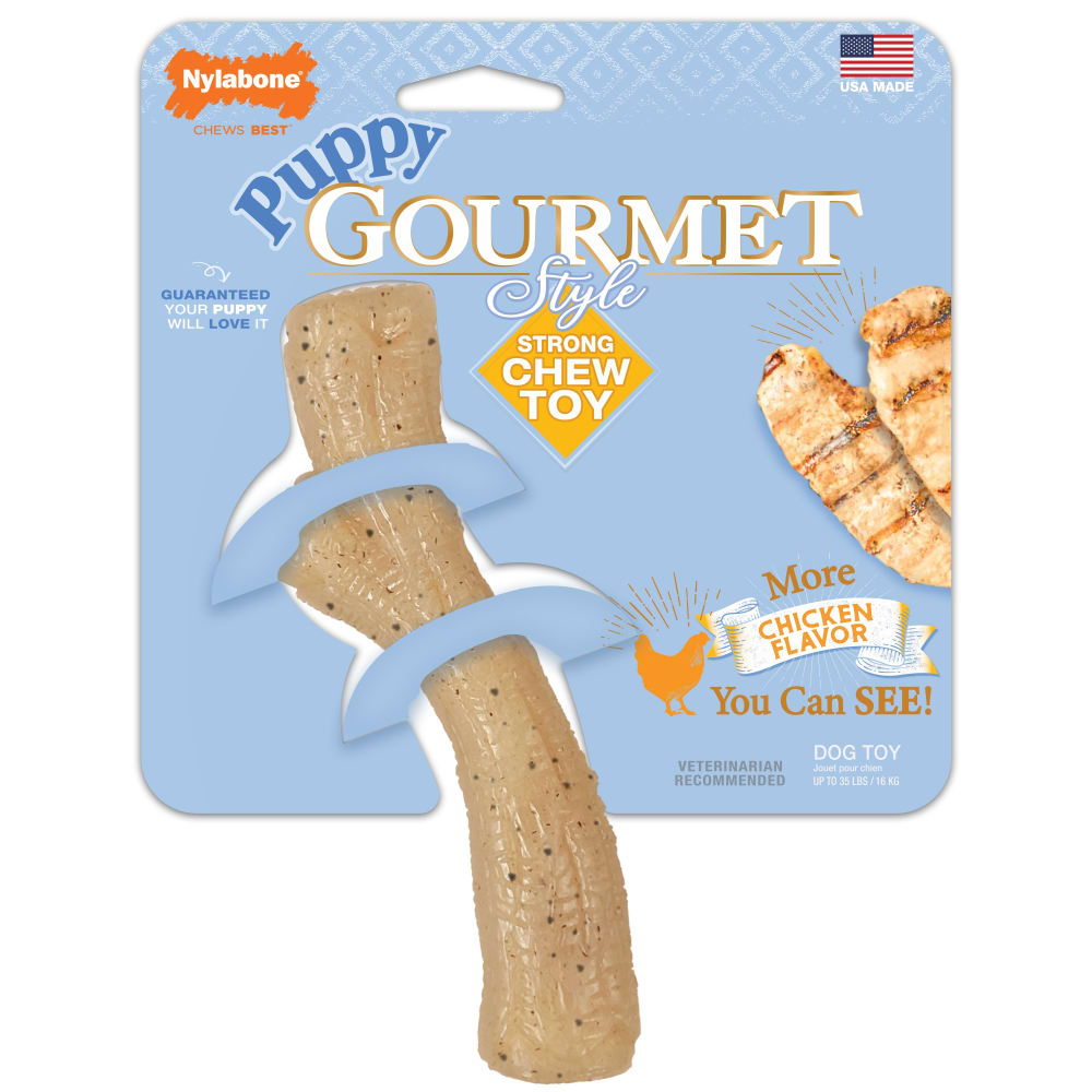 Front view of Nylabone Puppy Gourmet Style Strong Chew Stick Chicken in packaging