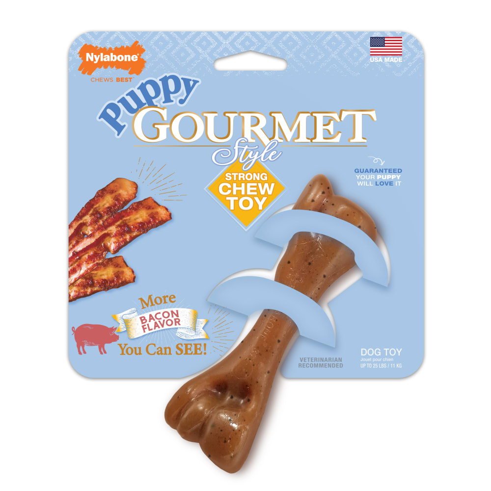 Front view of Nylabone Puppy Gourmet Style Strong Chew Femur Bacon in packaging