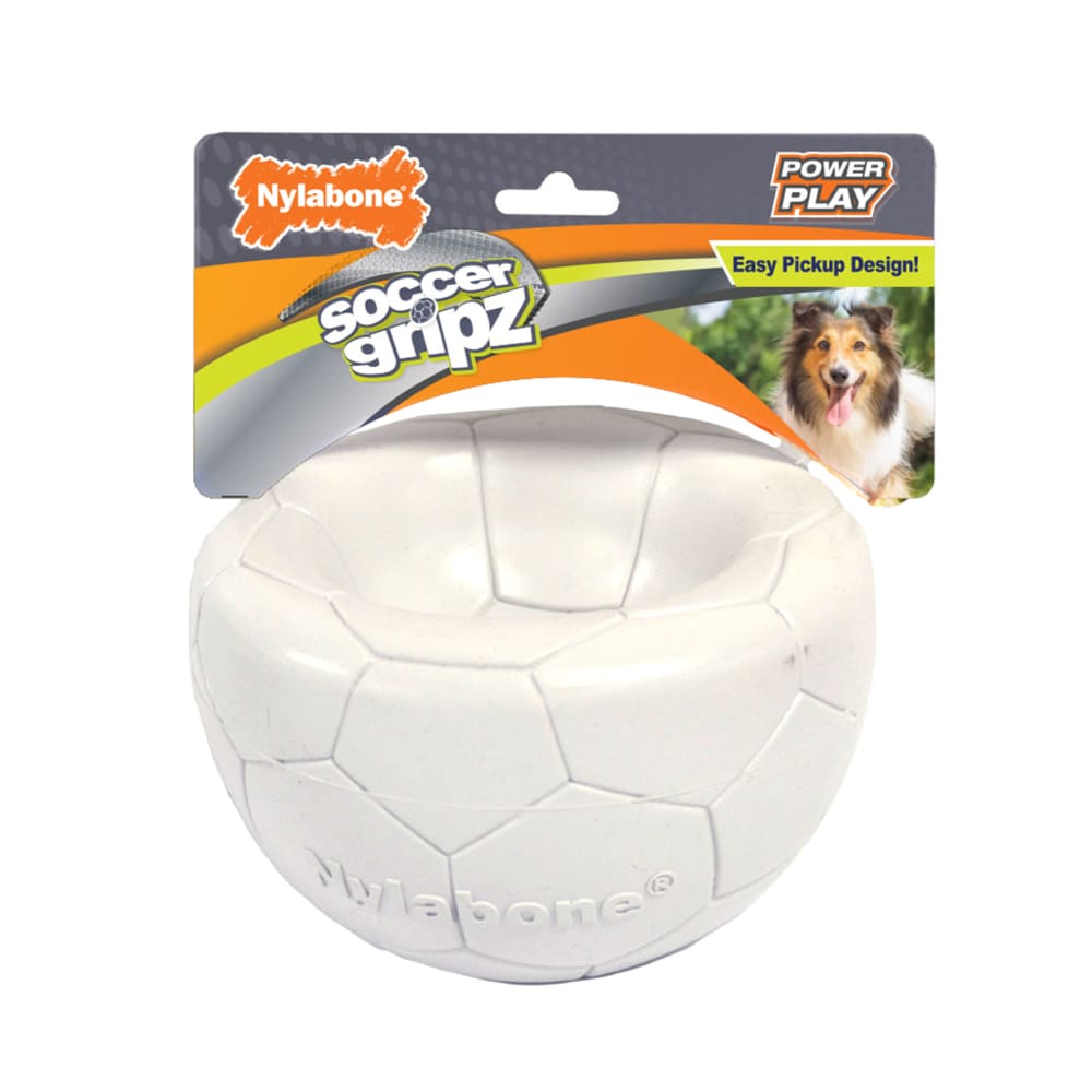 Front view of Nylabone Nyla Play Soccer Gripz Med in packaging